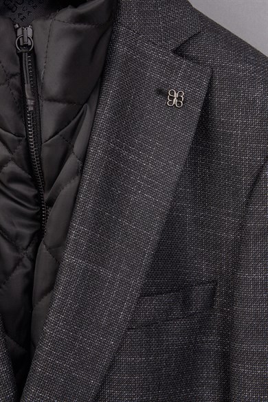 Erkek Slim Fit Mono Yaka Çıkarılabilir Kapitone Astarlı Siyah Ceket