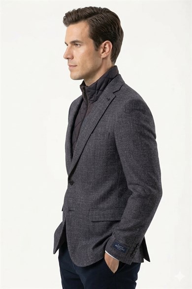 Erkek Slim Fit Mono Yaka Çıkarılabilir Kapitone Astarlı Siyah Ceket
