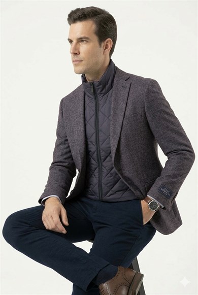 Erkek Slim Fit Mono Yaka Çıkarılabilir Kapitone Astarlı Siyah Ceket