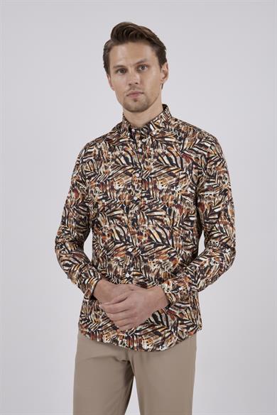 Erkek Slim Fit Desenli Kahverengi Gömlek
