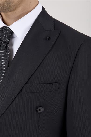 Erkek Slim Fit Sivri Yaka Puntolu Kapak Cepli Siyah Yarım Astar Kruvaze Takım Elbise