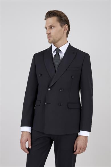 Erkek Slim Fit Sivri Yaka Puntolu Kapak Cepli Siyah Yarım Astar Kruvaze Takım Elbise