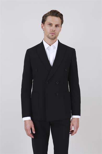 Erkek Slim Fit Sivri Yaka Torba Cep Yarım Astar Siyah Kruvaze Takım Elbise