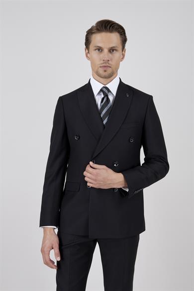 Erkek Slim Fit Sivri Yaka Siyah Kruvaze Takım Elbise