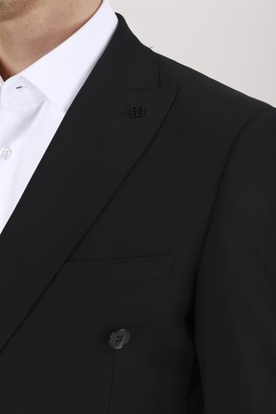 Erkek Slim Fit Sivri Yaka Torba Cep Yarım Astar Siyah Kruvaze Takım Elbise
