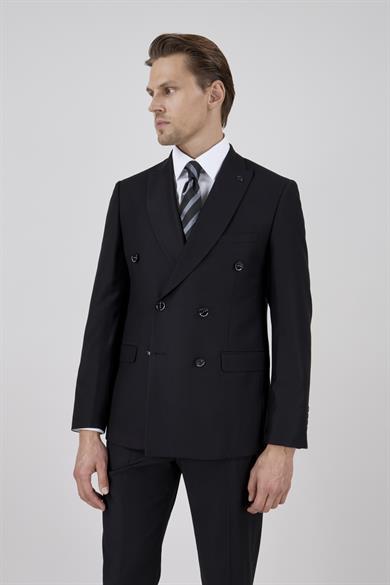 Erkek Slim Fit Sivri Yaka Siyah Kruvaze Takım Elbise