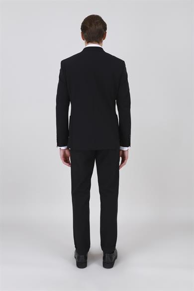 Erkek Slim Fit Sivri Yaka Torba Cep Yarım Astar Siyah Kruvaze Takım Elbise