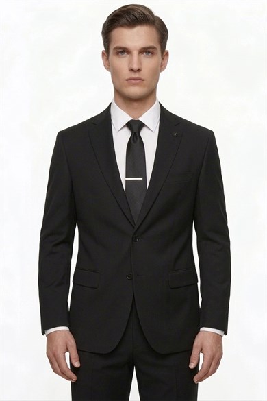 Erkek Slim Fit Mono Yaka Siyah Yelekli Takım Elbise