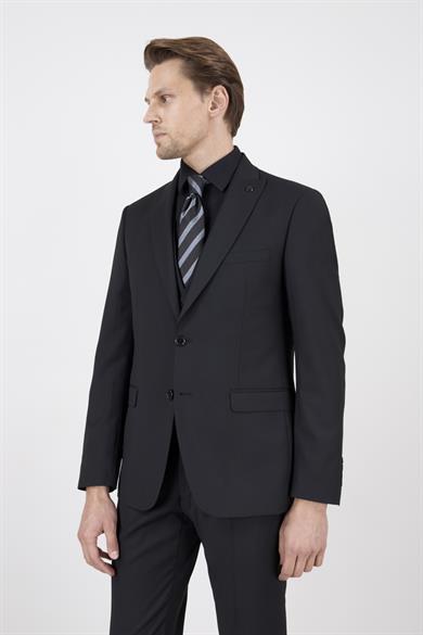 Erkek Slim Fit Sivri Yaka Siyah Yelekli Takım Elbise
