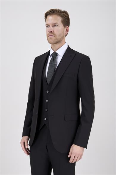 Erkek Slim Fit Sivri Yaka Siyah 8 Drop Yelekli Takım Elbise