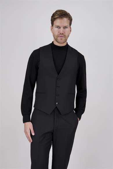 Erkek Slim Fit Sivri Yaka Siyah Yelekli Takım Elbise