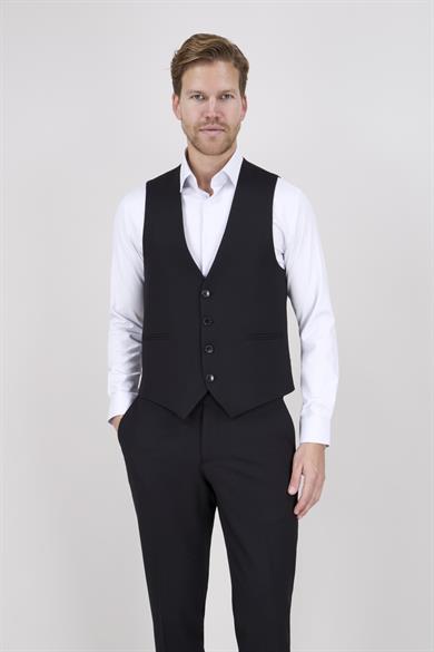 Erkek Slim Fit Sivri Yaka Siyah Yelekli Takım Elbise