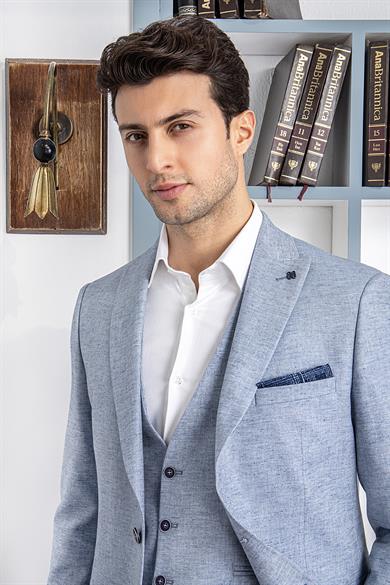 Erkek Slim Fit Sivri Yaka Mavi Yelekli Takım Elbise