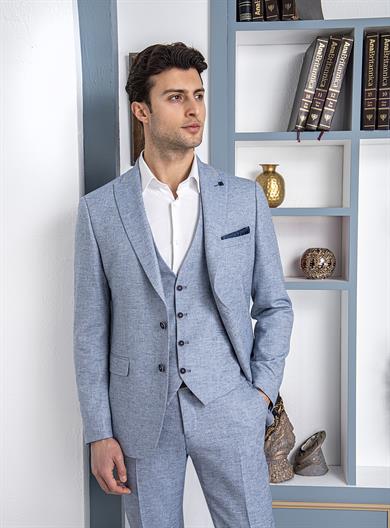 Erkek Slim Fit Sivri Yaka Mavi Yelekli Takım Elbise