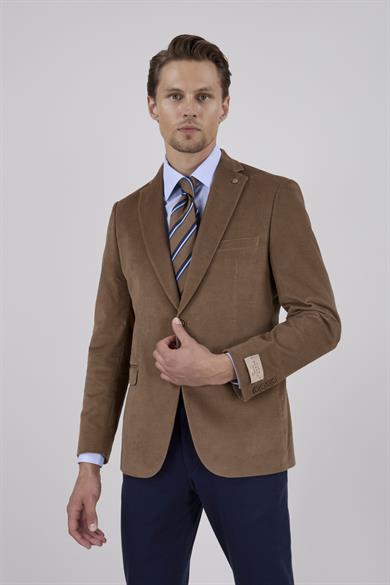 Erkek Slim Fit Mono Yaka Kadife Vizon Ceket