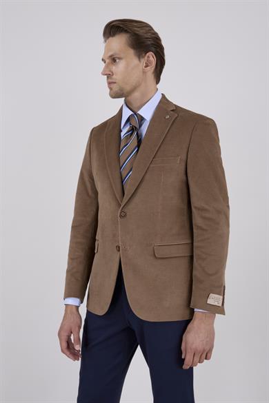 Erkek Slim Fit Mono Yaka Kadife Vizon Ceket