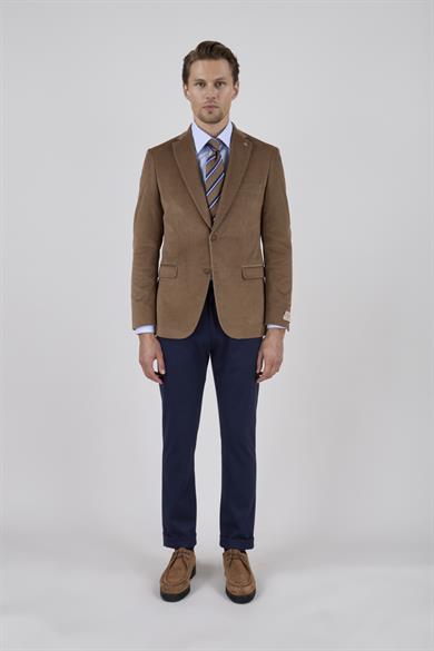 Erkek Slim Fit Mono Yaka Kadife Vizon Ceket