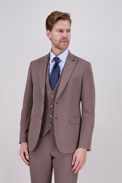 Erkek Slim Fit Mono Yaka Vizon Yelekli Takım Elbise