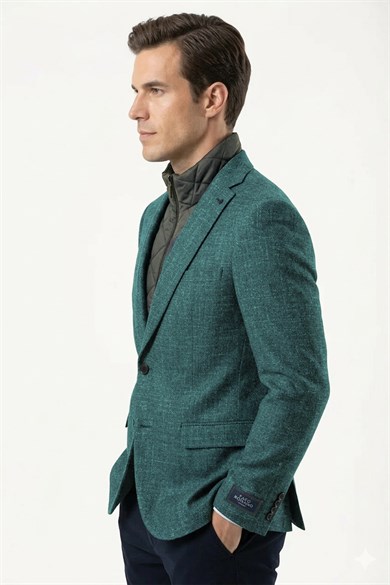 Erkek Slim Fit Mono Yaka Çıkarılabilir Kapitone Astarlı Yeşil Ceket