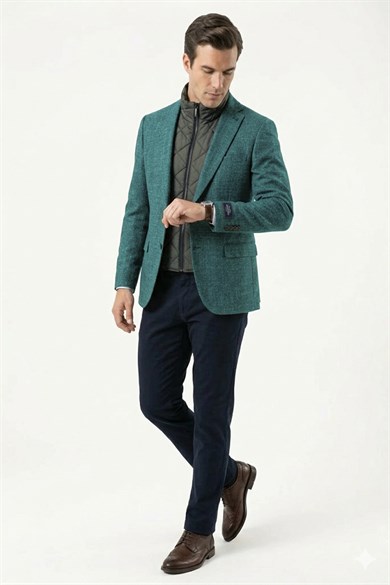 Erkek Slim Fit Mono Yaka Çıkarılabilir Kapitone Astarlı Yeşil Ceket
