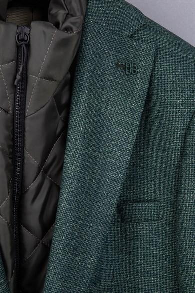 Erkek Slim Fit Mono Yaka Çıkarılabilir Kapitone Astarlı Yeşil Ceket