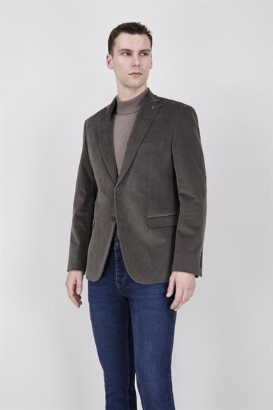 Erkek Slim Fit Mono Yaka Kadife Yeşil Ceket