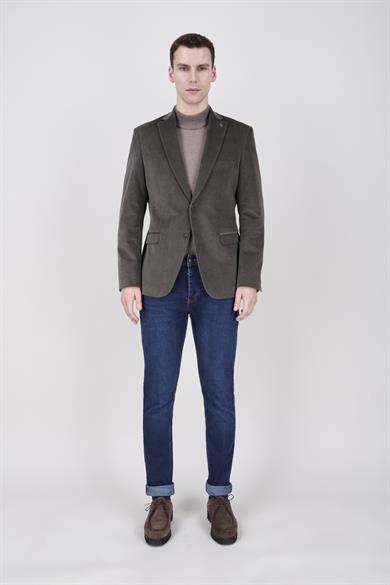 Erkek Slim Fit Mono Yaka Kadife Yeşil Ceket