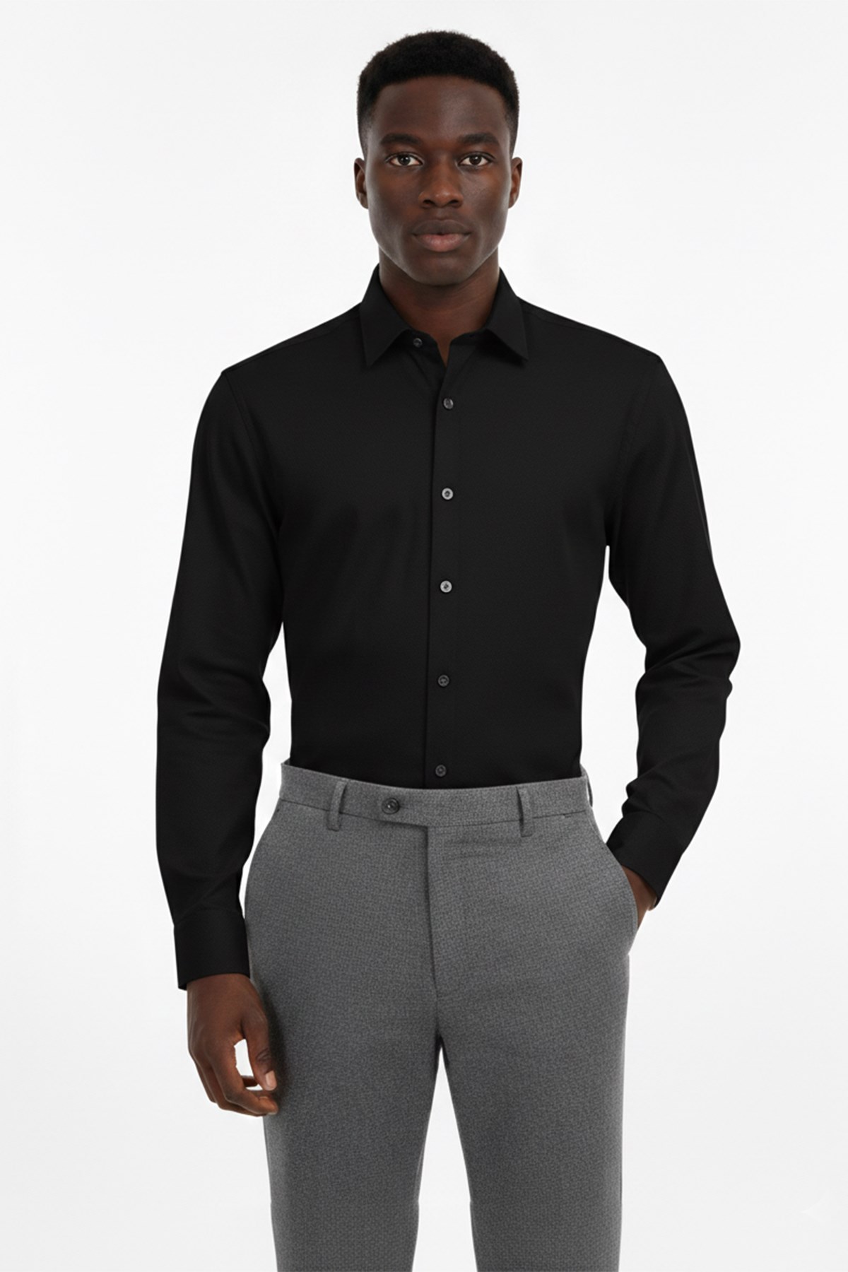 468-20 Siyah Slim Fit By 2 Yaka Uzun Kol 6 Drop Gömlek