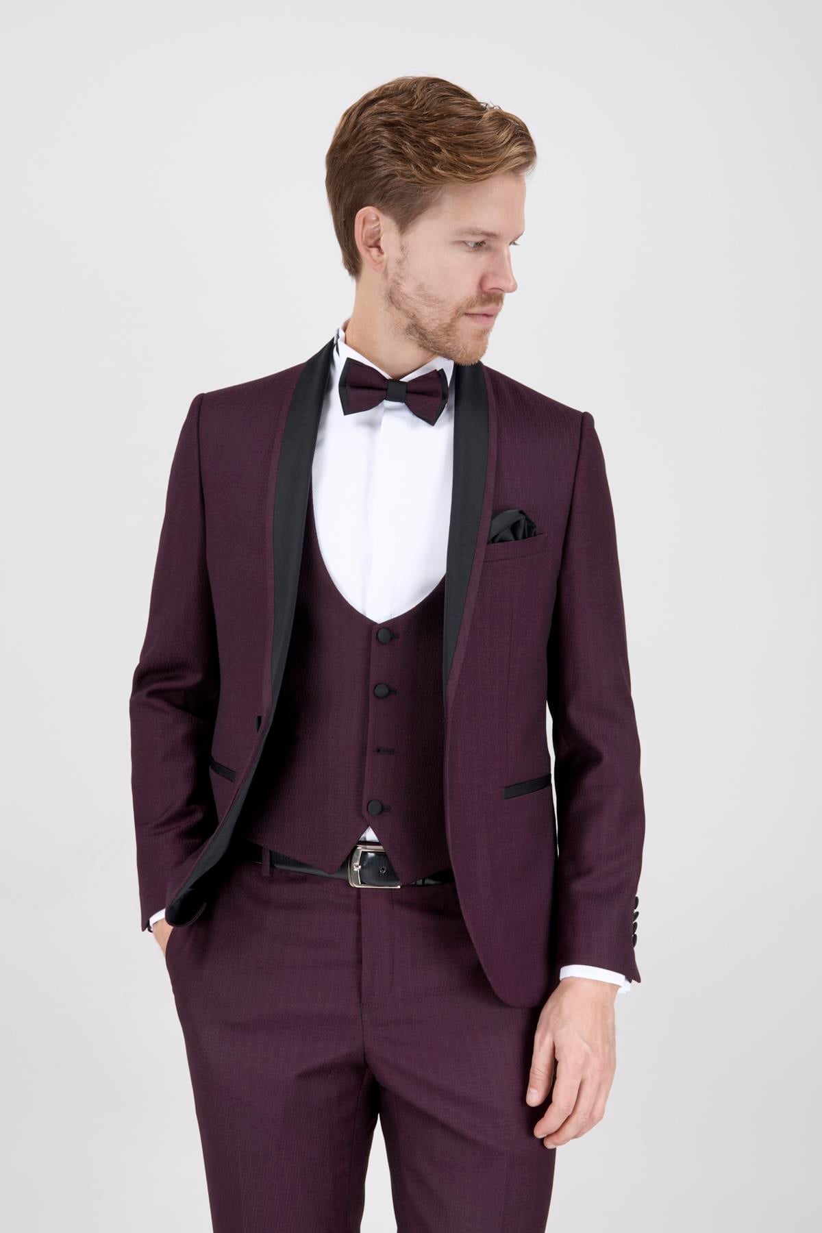 Erkek Slim Fit Damatlık Smokin Şal Yaka Bordo Yelekli Takım Elbise