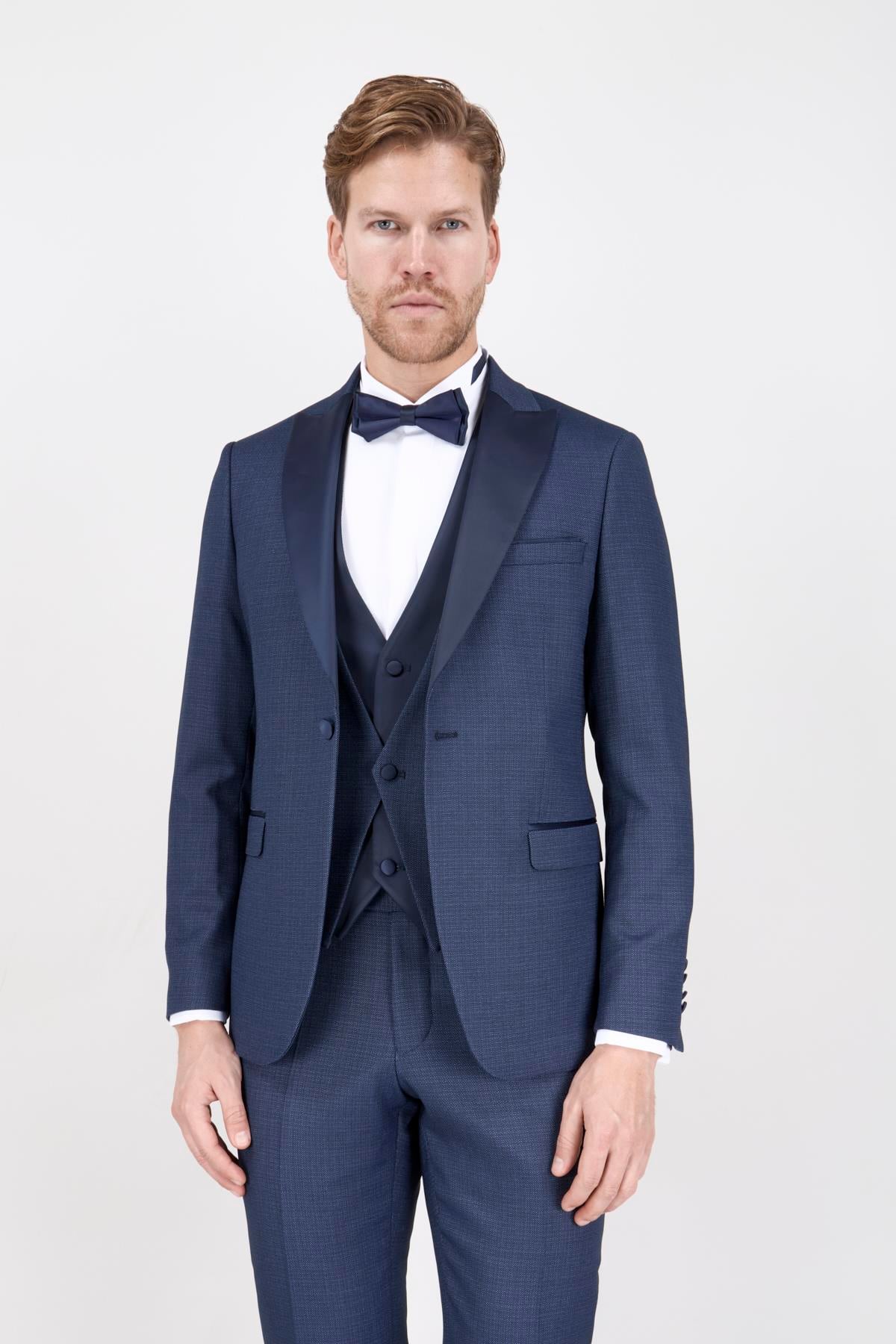 Erkek Slim Fit Damatlık Smokin Saten Sivri Yaka Lacivert Yelekli Takım Elbise 