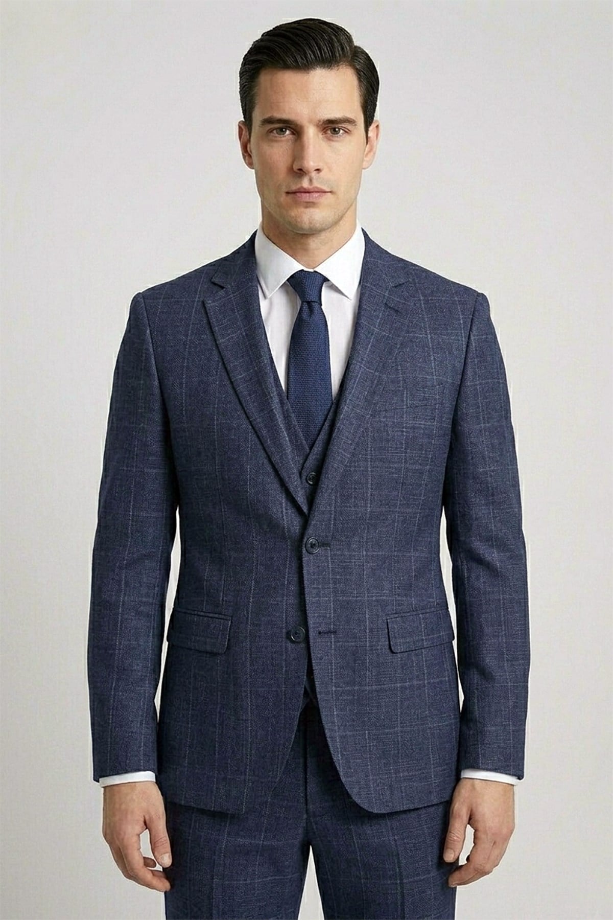 Erkek Slim Fit Mono Yaka Ekose Yelekli Açık Lacivert Kombin Takım Elbise