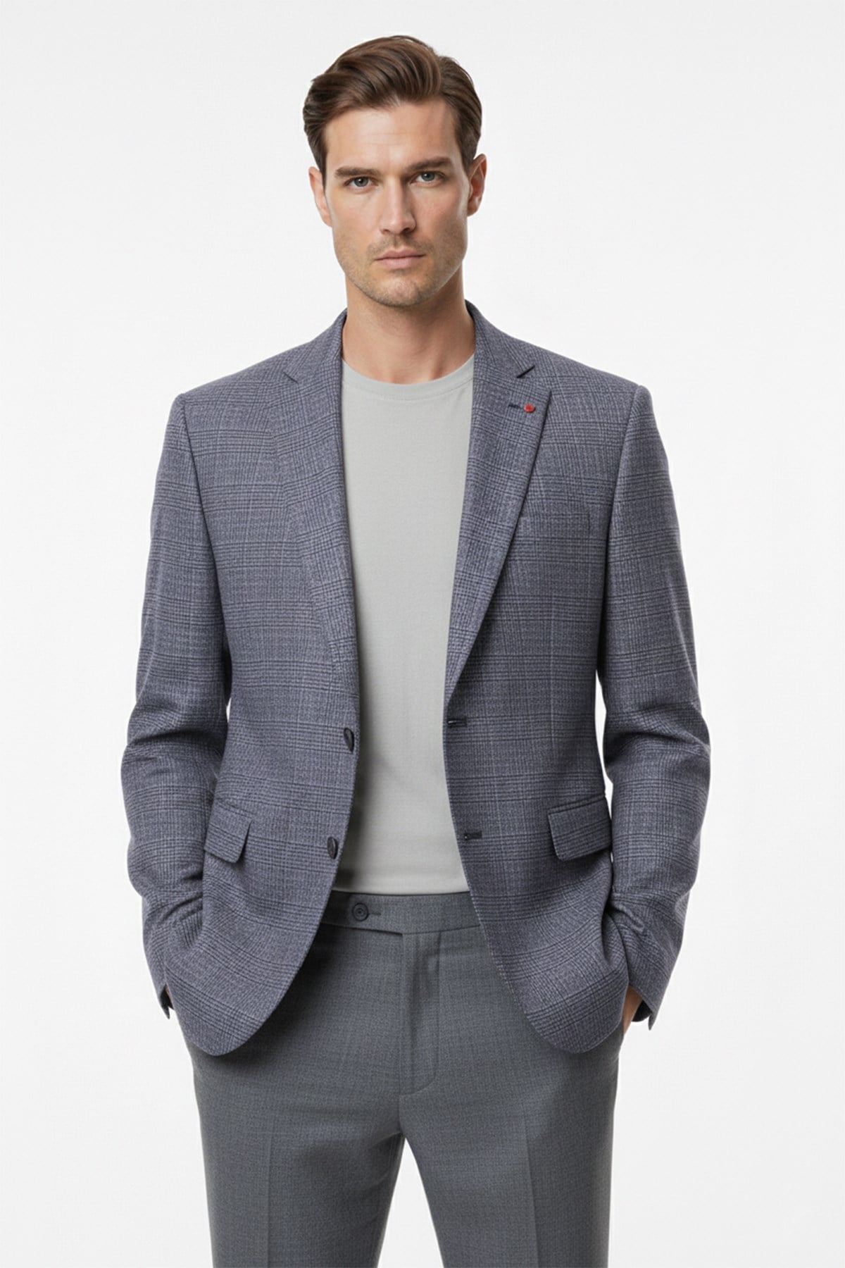 Erkek Slim Fit Mono Yaka Koyu Parlement Ekose Ceket