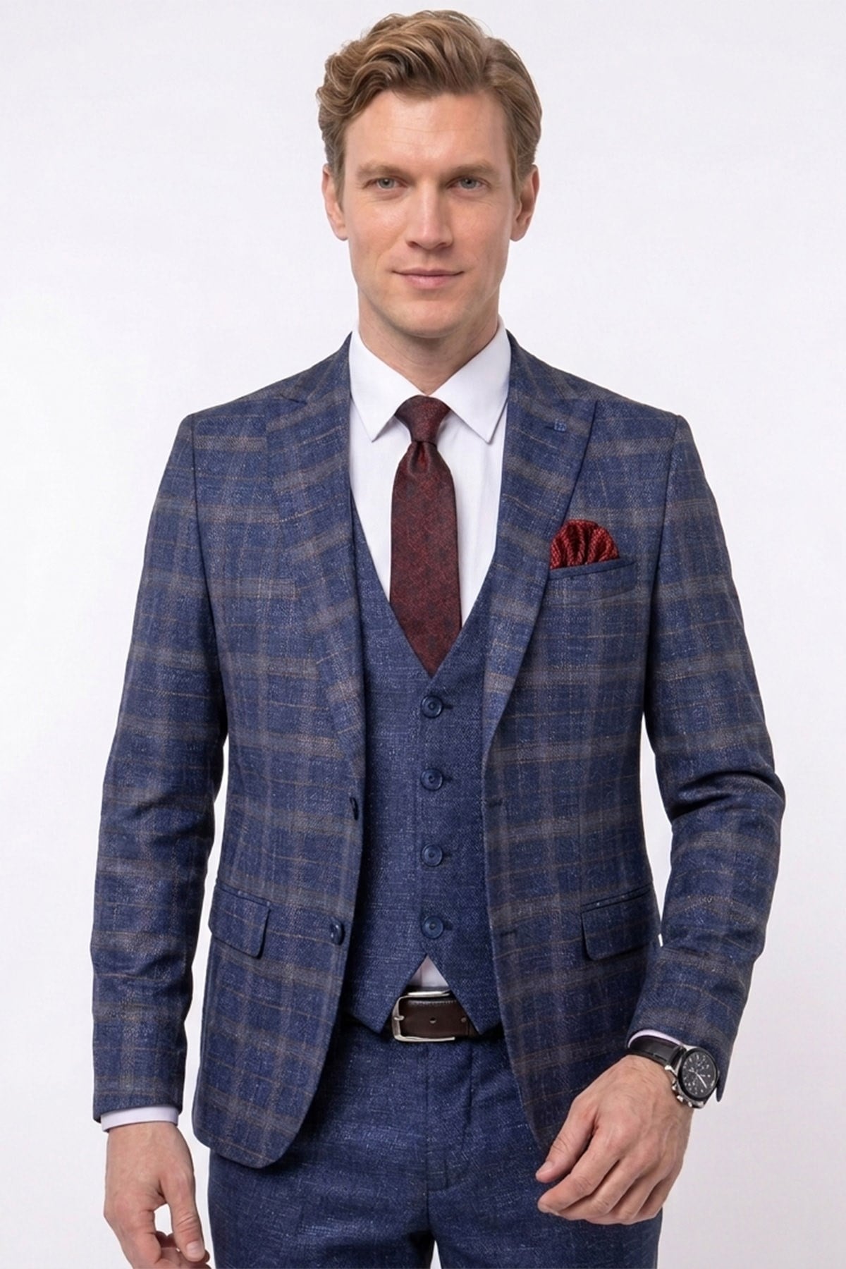 Erkek Slim Fit Sivri Yaka Açık Lacivert Ekose Kombin Yelekli Takım Elbise