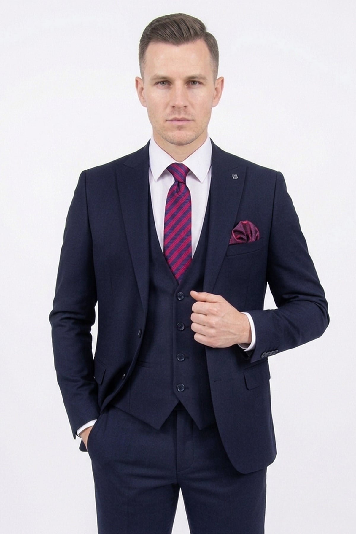 Erkek Slim Fit Sivri Yaka Lacivert Yelekli Takım Elbise