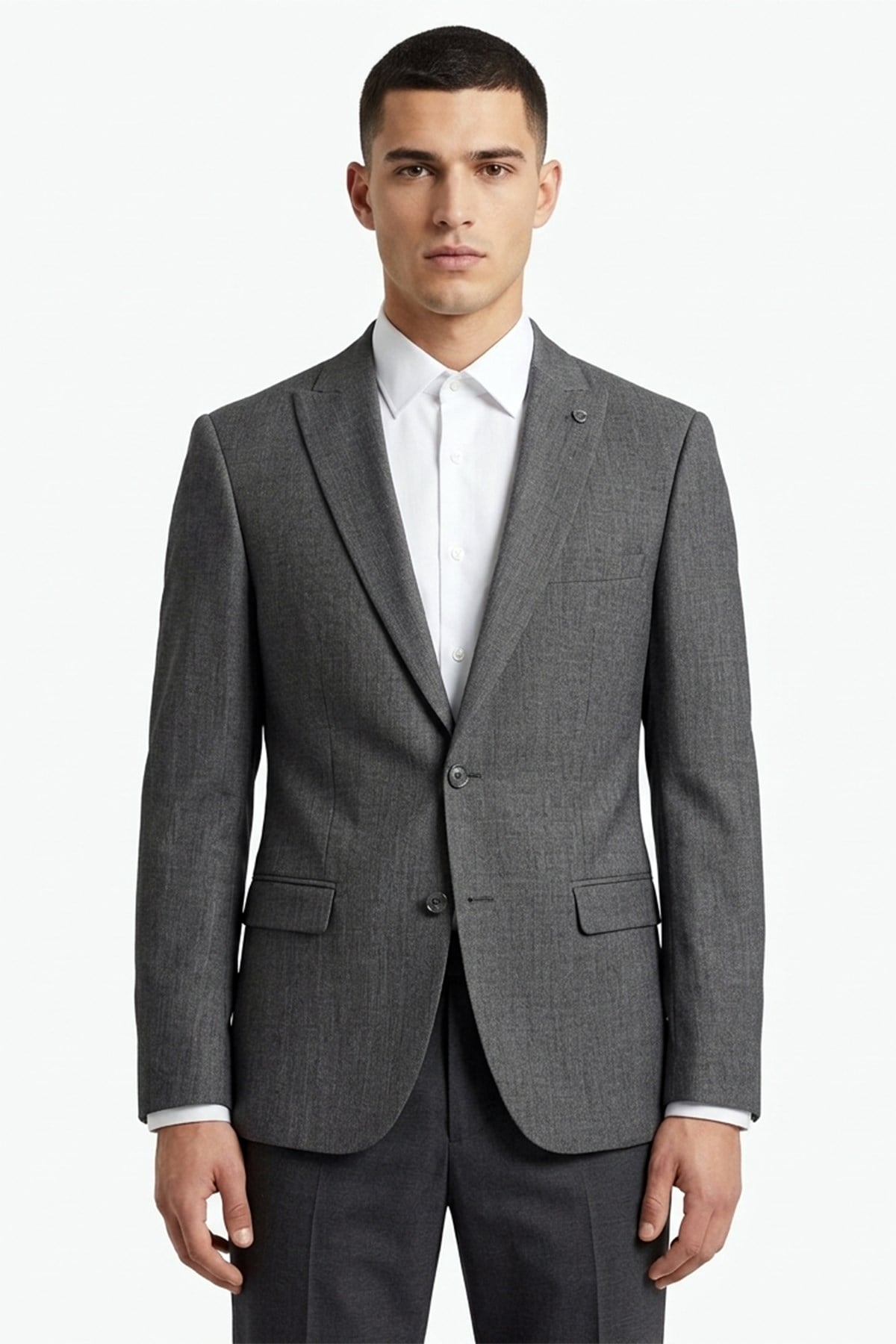 Gri Slim Fit Sivri Yaka 2 Düğme Çift Yırtmaç Yelekli 6 Drop Tk
