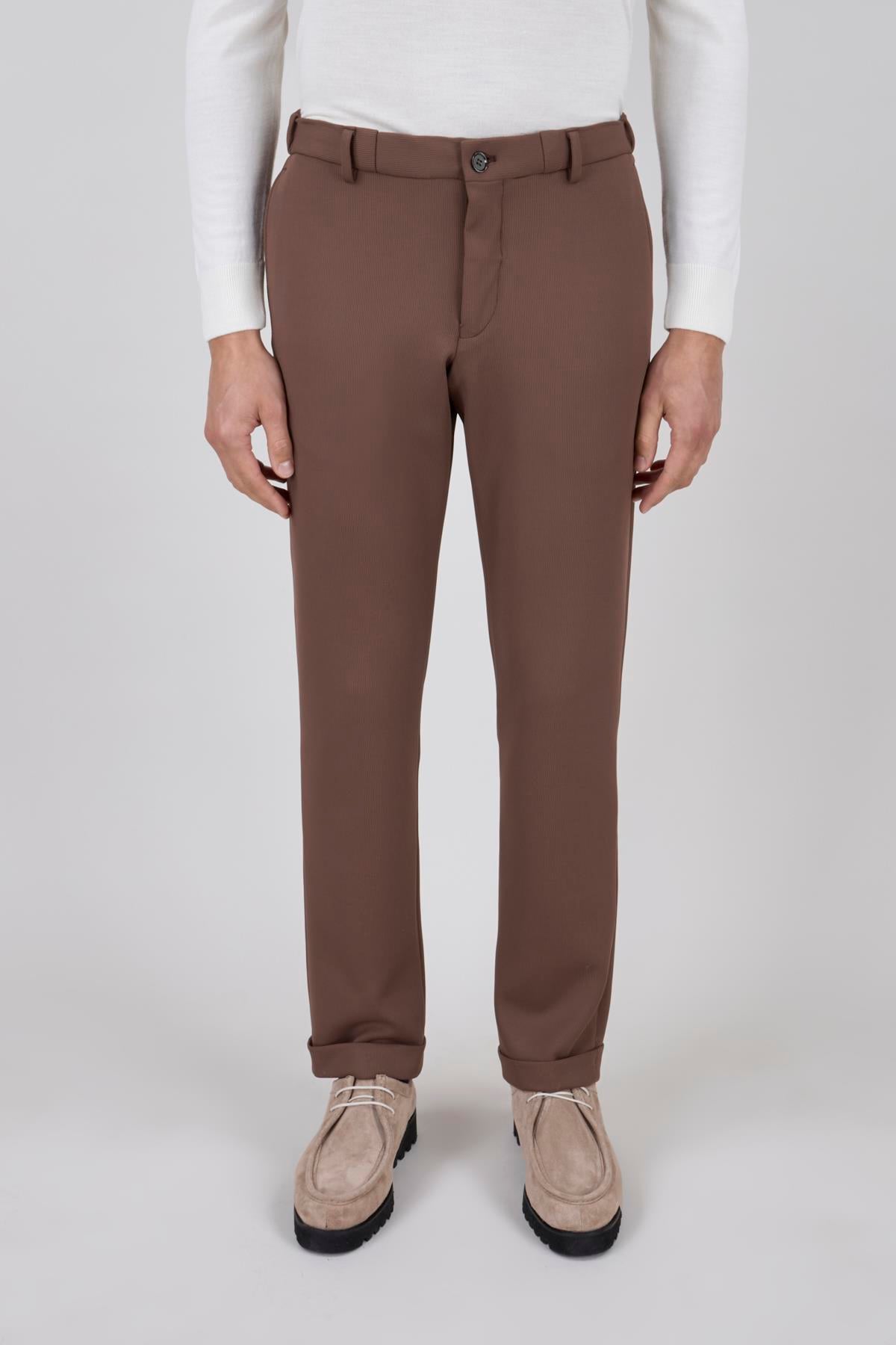 KAHVERENGİ SLİM FİT PİLESİZ ÇİFT CEP DUBLE PAÇA 6 DROP SPOR PANTOLON