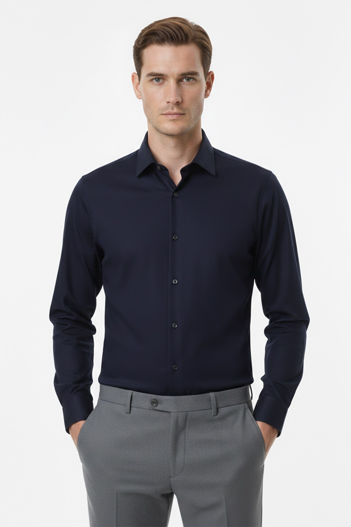 Lacivert Slim Fit By 2 Yaka Uzun Kol 6 Drop Gömlek