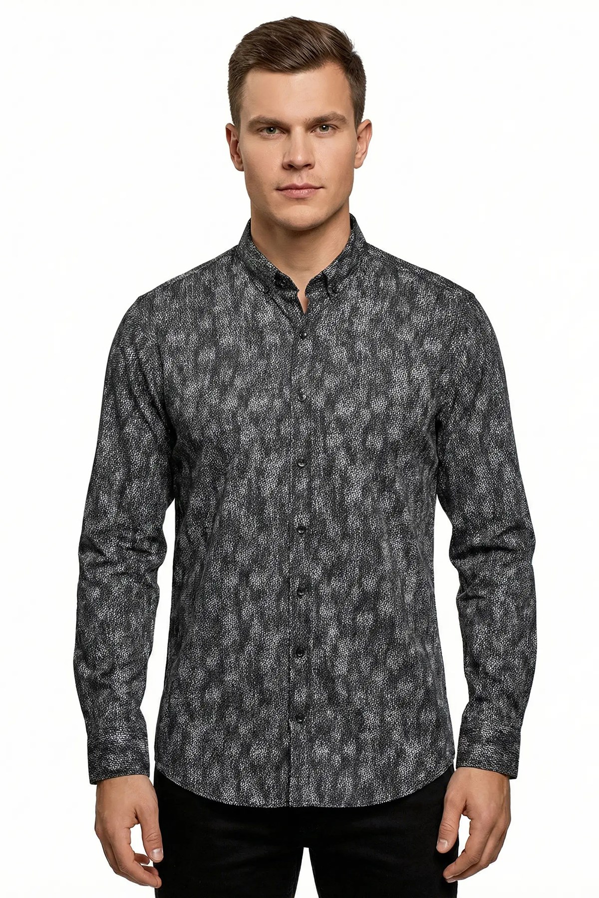 Lacivert Slim Fit Fabrika Düğmeli Yaka Uzun Kol 6 Drop Gömlek
