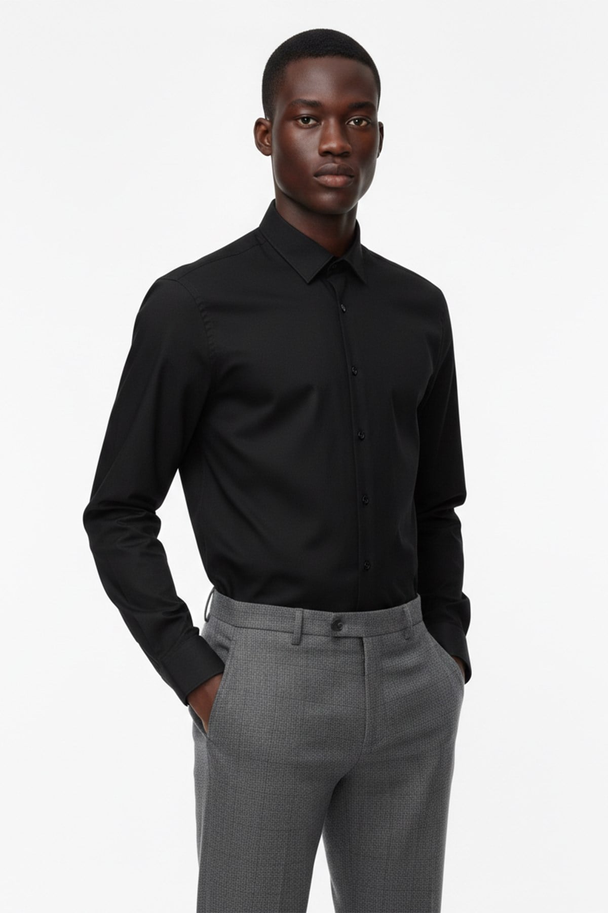 Siyah Slim Fit By 2 Yaka Uzun Kol 6 Drop Gömlek