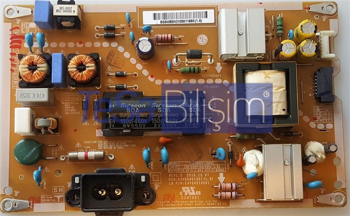 LG 43LH590V BESLEME KARTI EAX66851301 (1.5) EAY64310501 LGP43DSI-16CH1