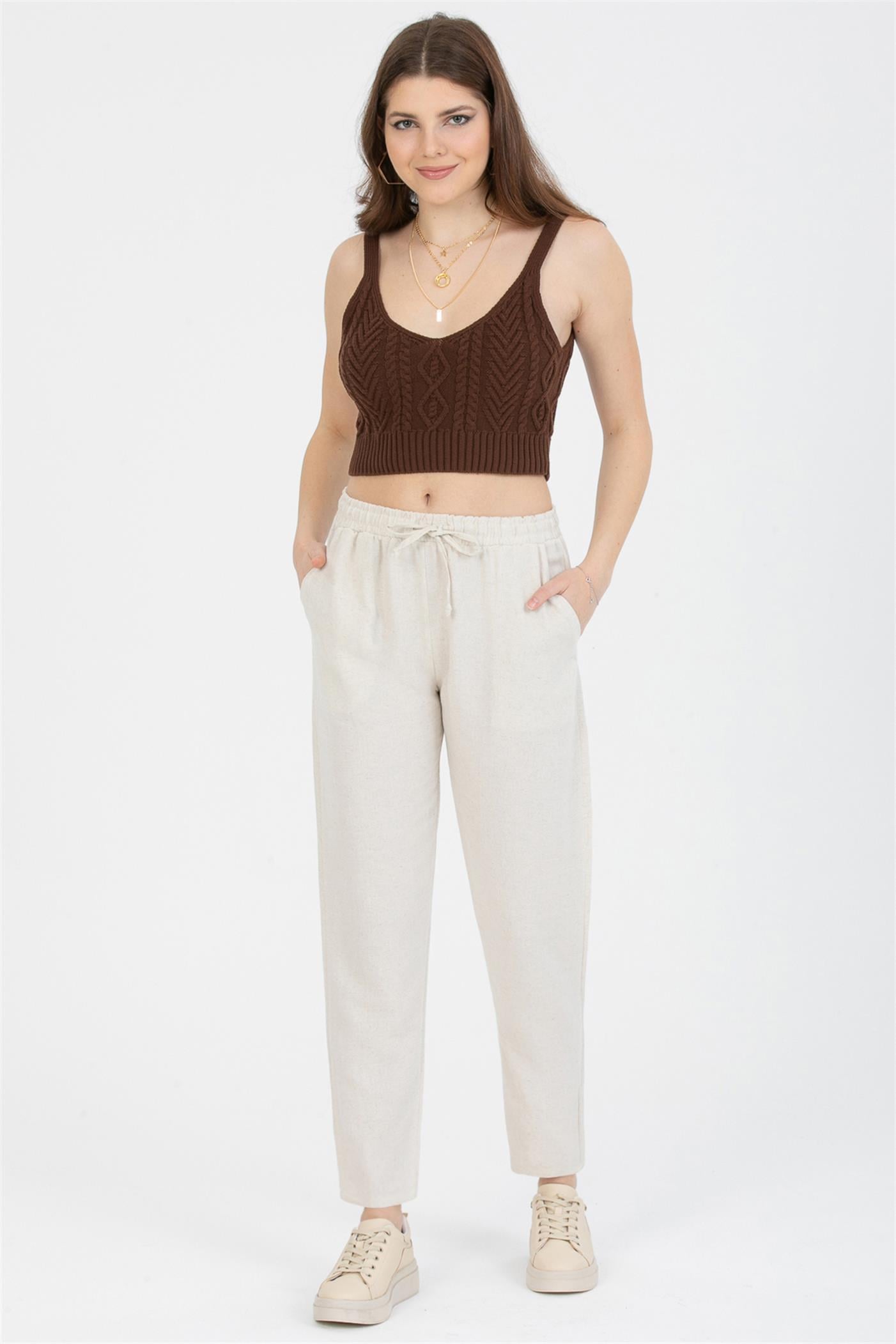 Bağcıklı Yüksek Bel Cepli Keten Pantolon - Taş