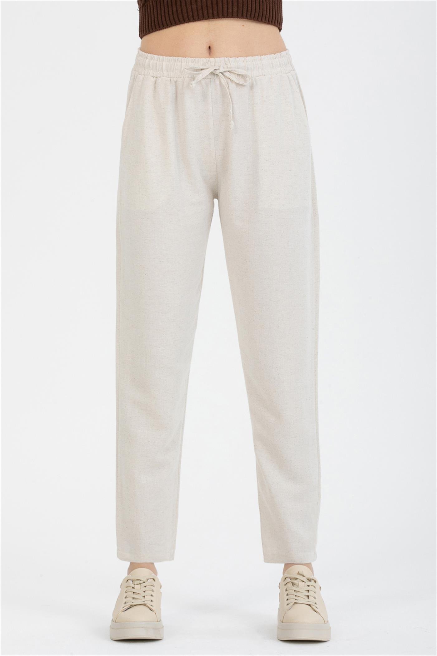 Bağcıklı Yüksek Bel Cepli Keten Pantolon - Taş