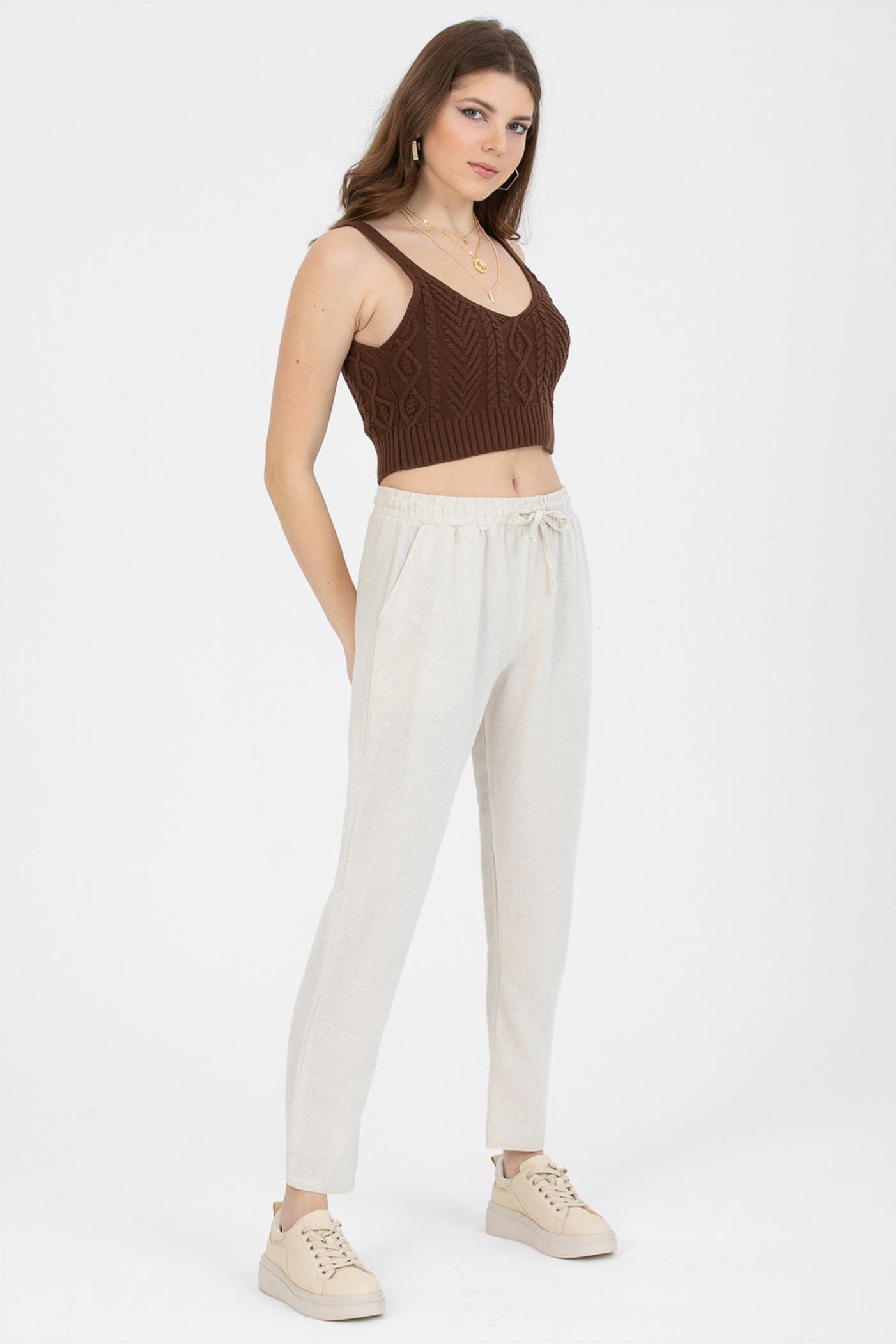 Bağcıklı Yüksek Bel Cepli Keten Pantolon - Taş