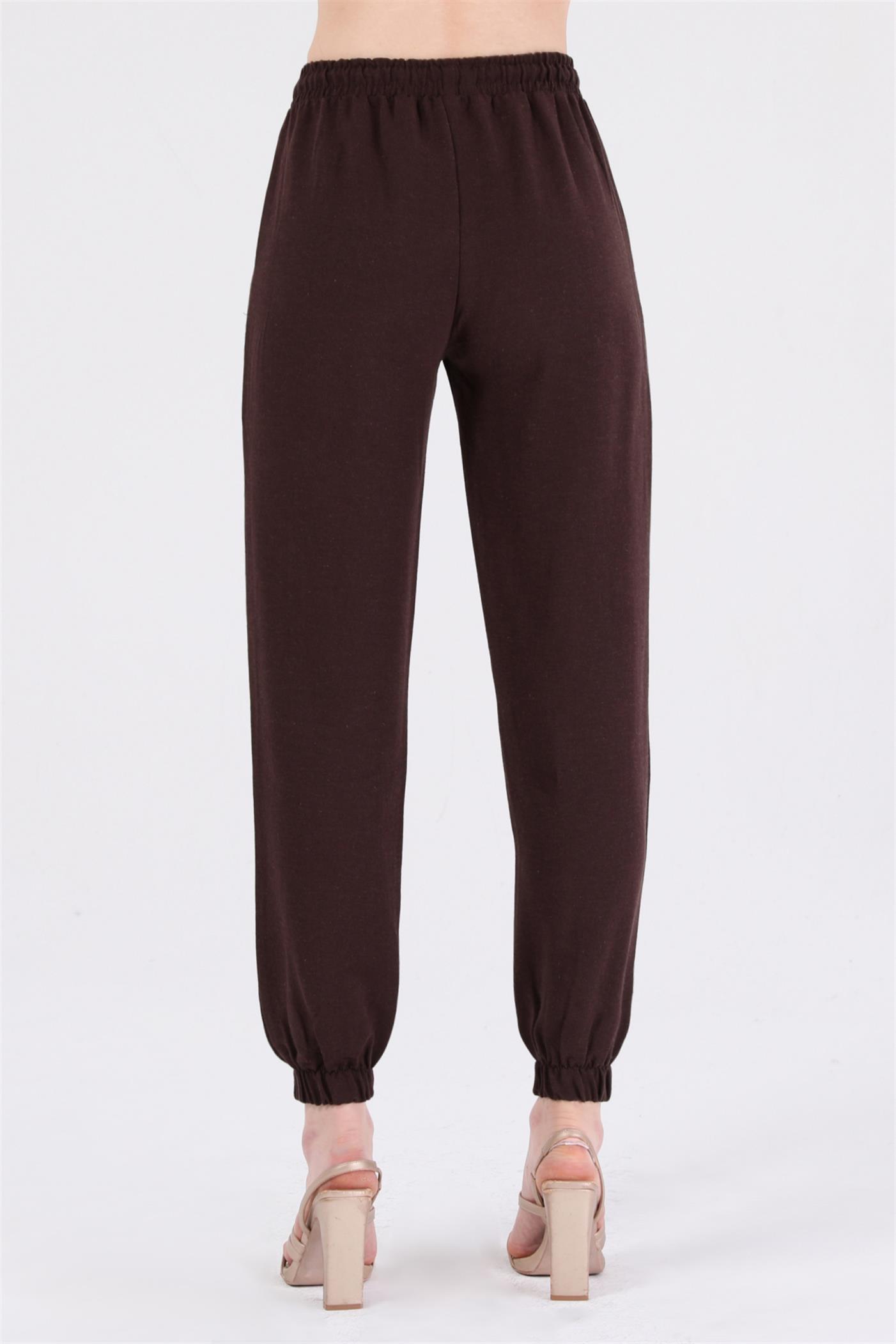 Bel Lastikli Bağcıklı Jogger Keten Pantolon - Kahve