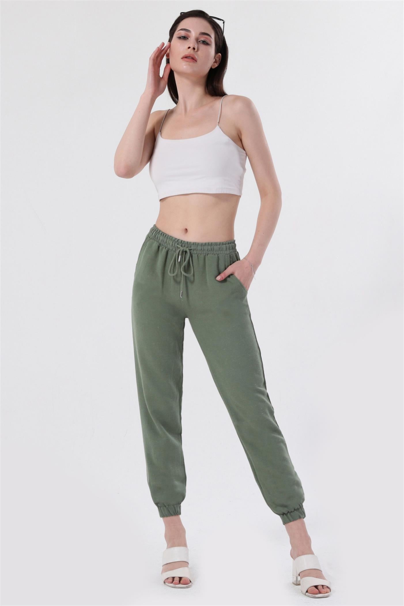Bel Lastikli Bağcıklı Jogger Keten Pantolon - Mint Yeşil