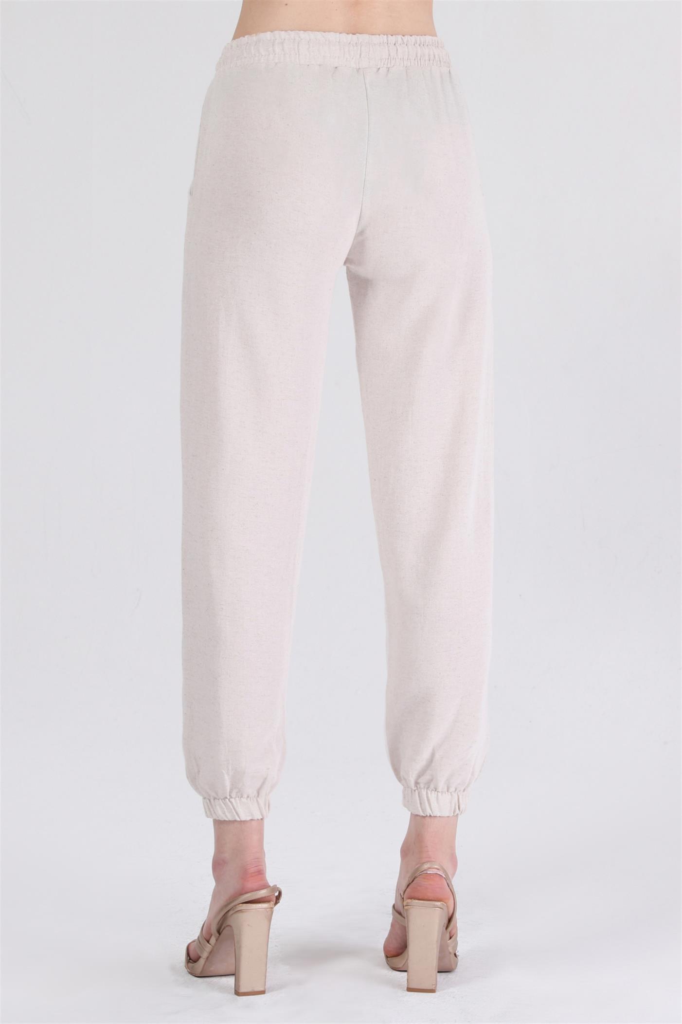 Bel Lastikli Bağcıklı Jogger Keten Pantolon - Taş