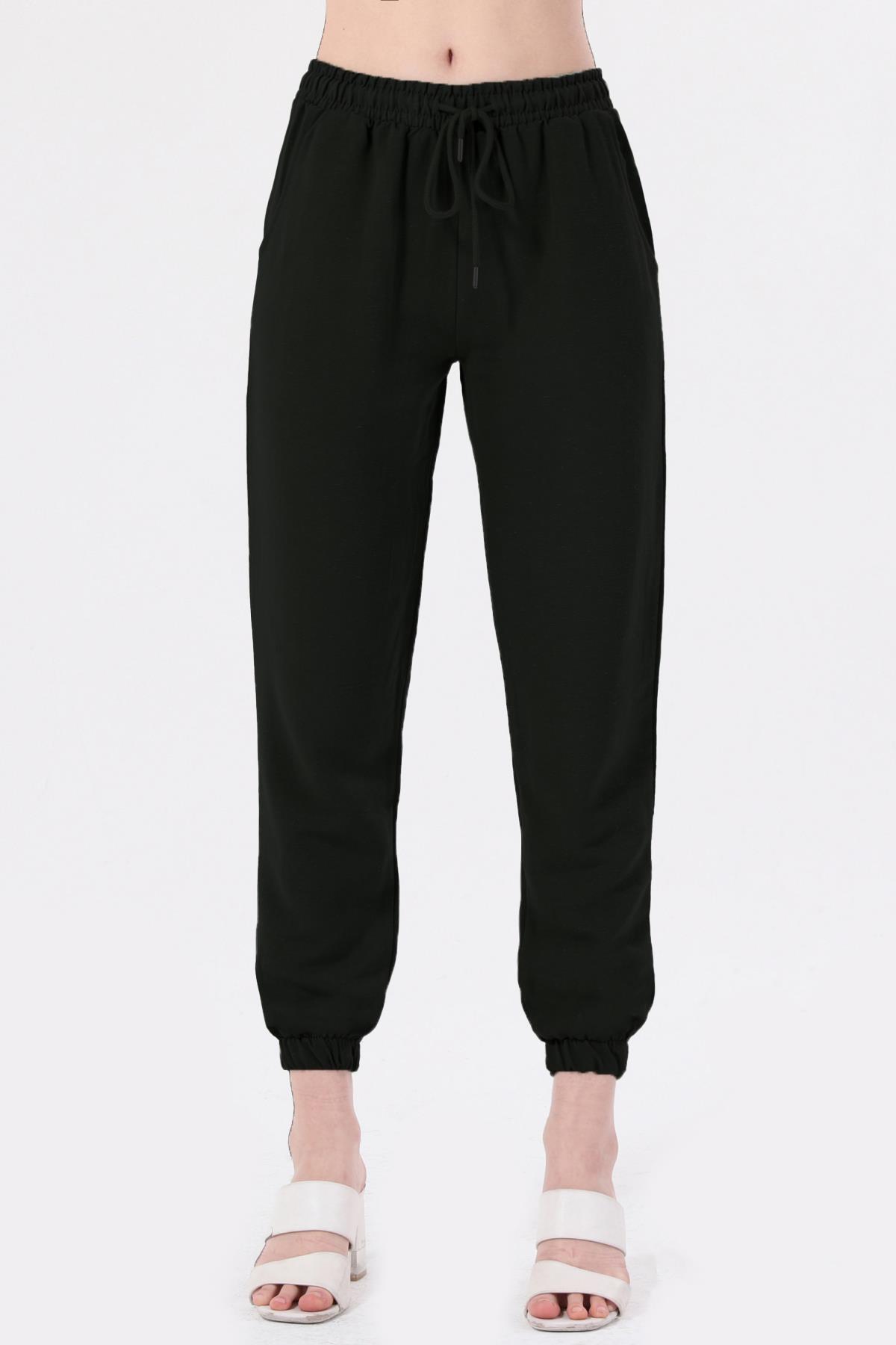 Bel Lastikli Bağcıklı Jogger Keten Pantolon - Siyah