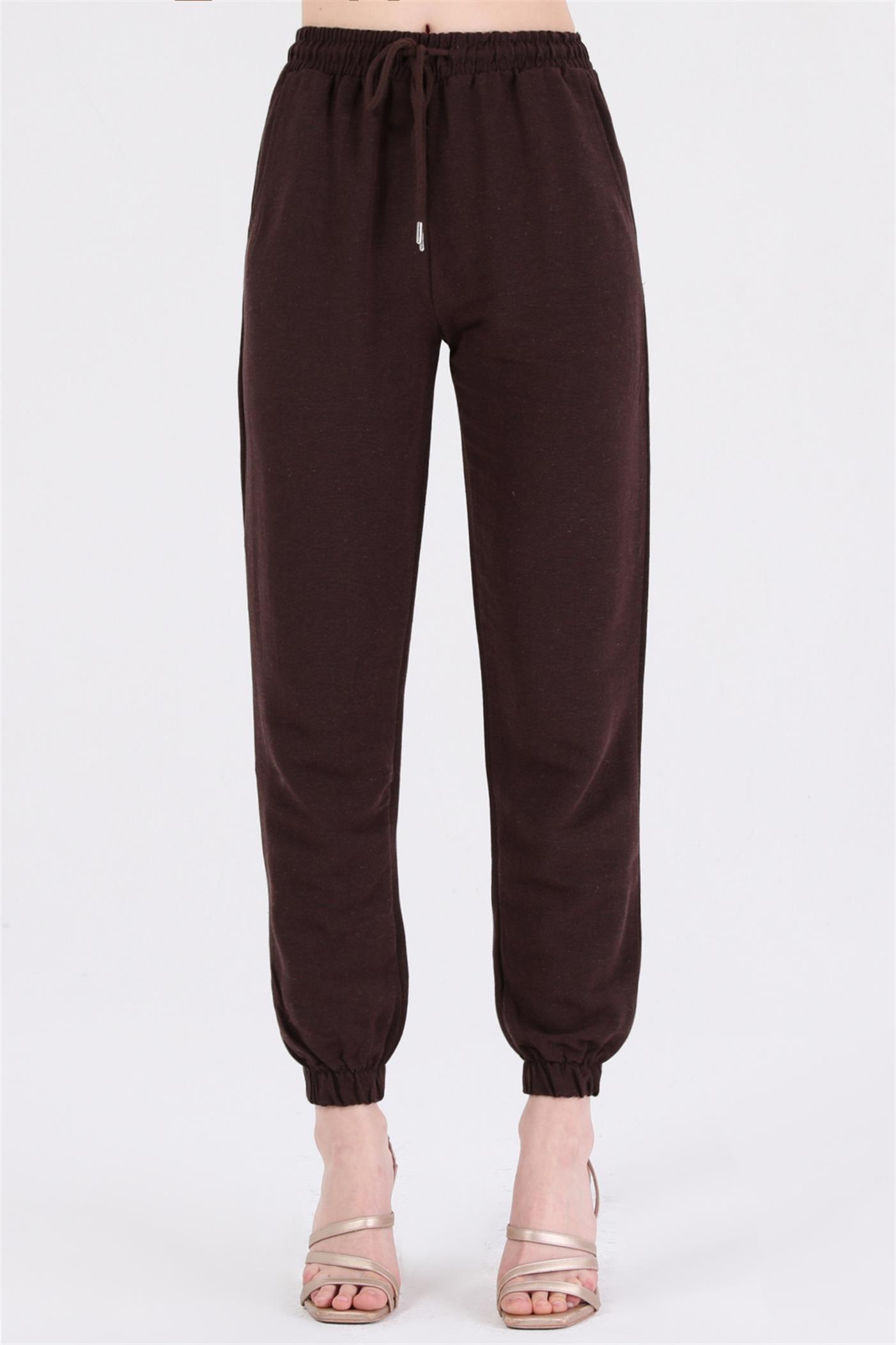Bel Lastikli Bağcıklı Jogger Keten Pantolon - Kahve