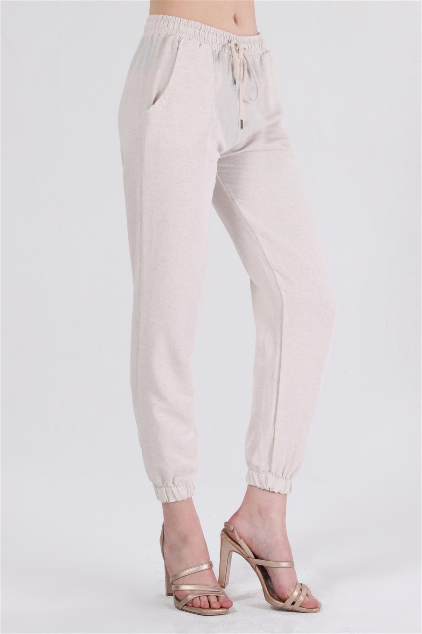 Bel Lastikli Bağcıklı Jogger Keten Pantolon - Taş