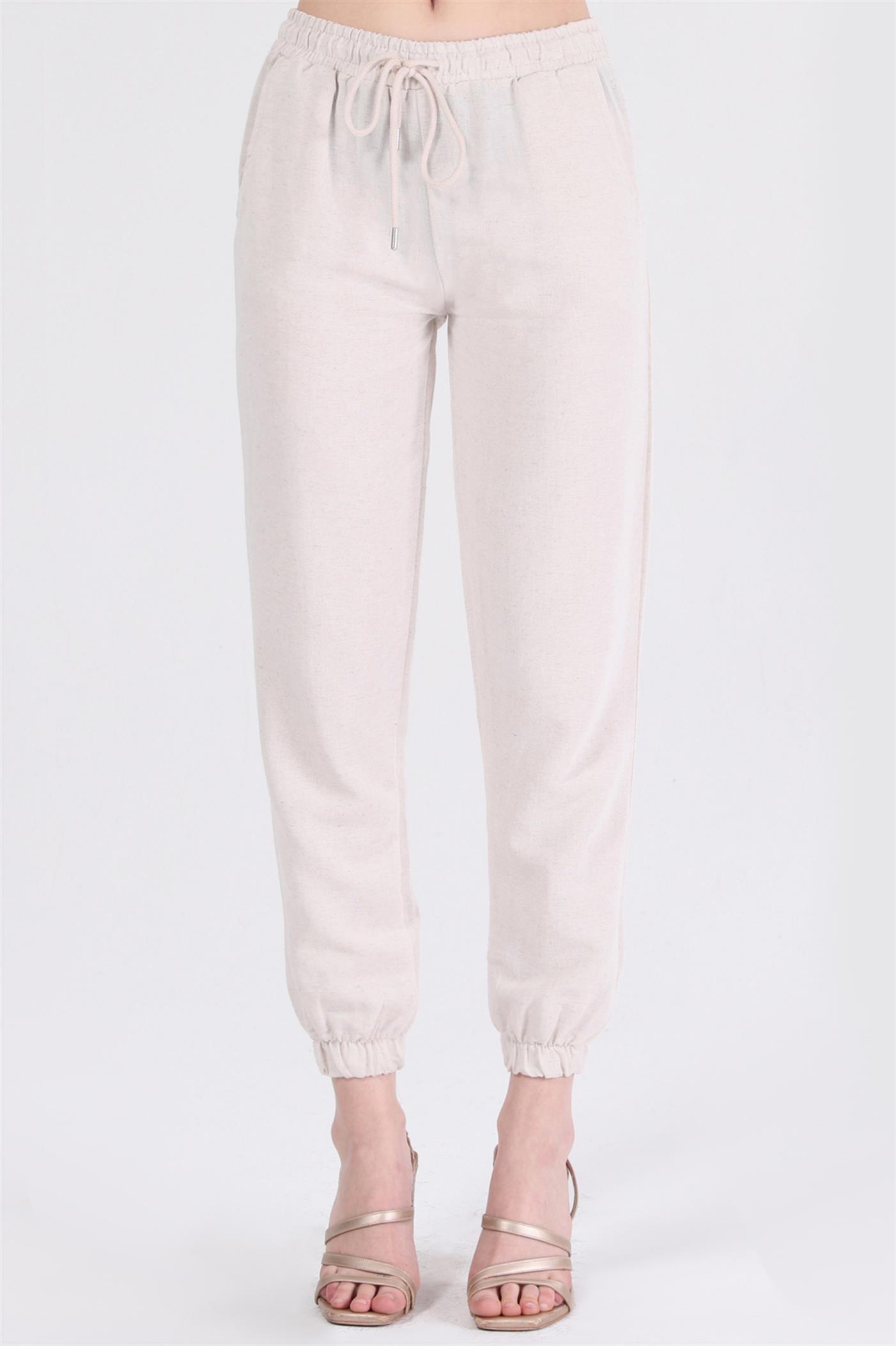 Bel Lastikli Bağcıklı Jogger Keten Pantolon - Taş